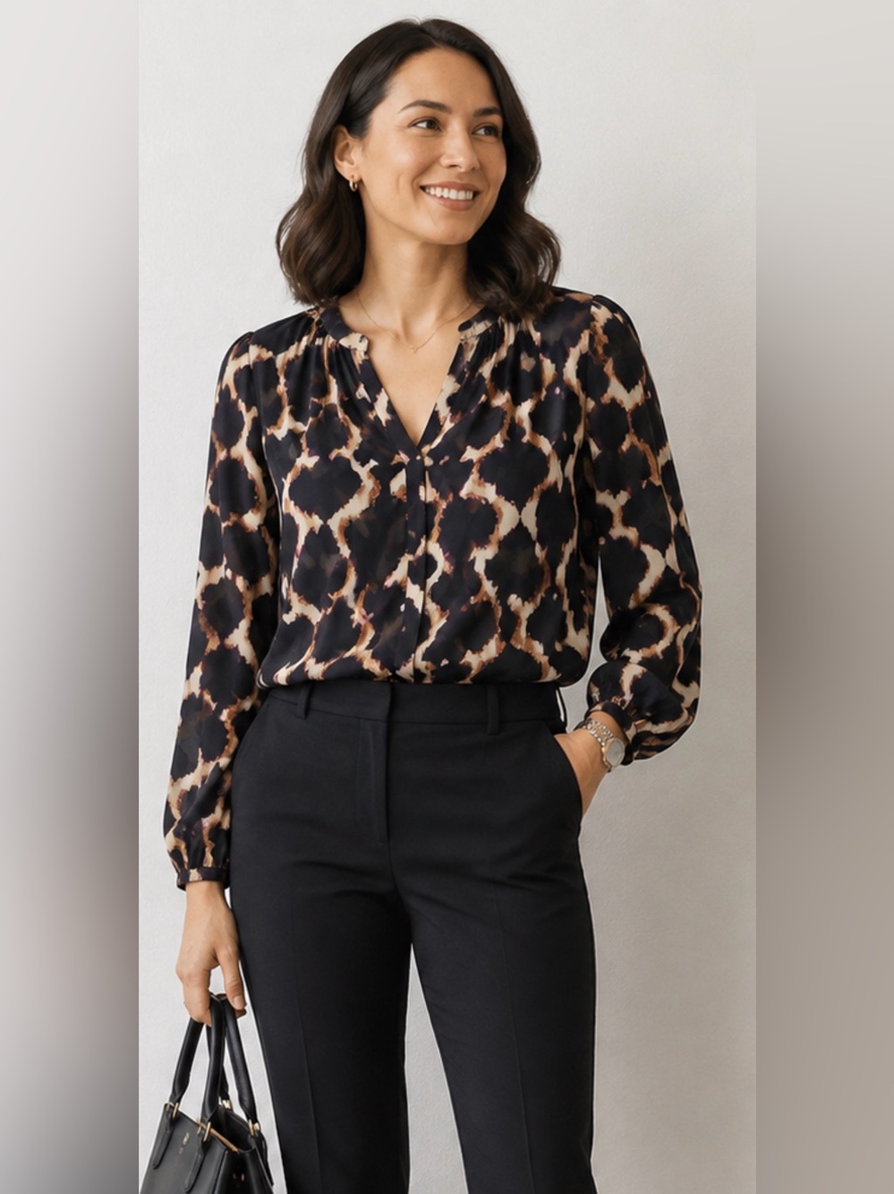 Chelsea & Theodore Black & Cream Split Collar Blouse